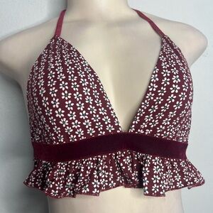 Burgundy Floral Halter Top with Ruffle Hem